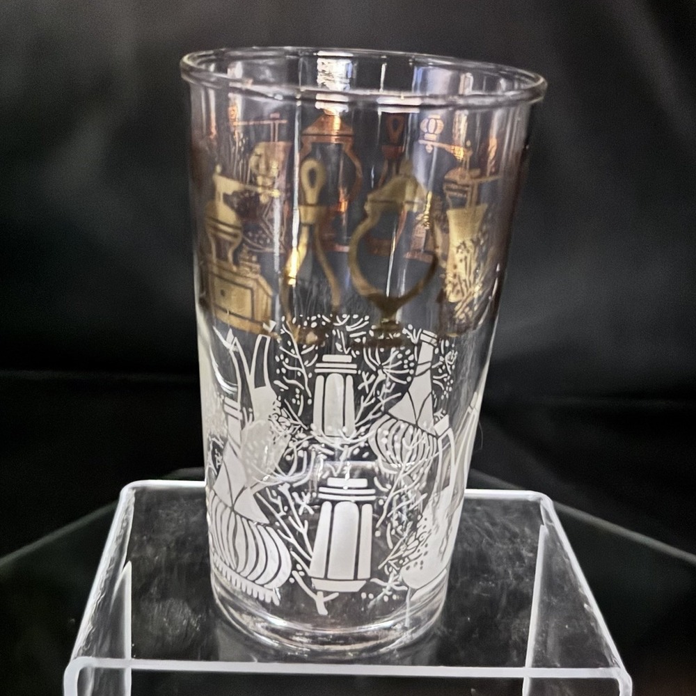 Vintage Federal Glass Homestead Florentine 8oz Tumbler White & Gold Pattern EUC